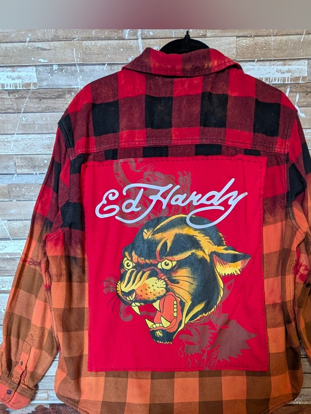 Ed Hardy Graphic Upcycled Dip Dyed Bleached Flannel Shirt